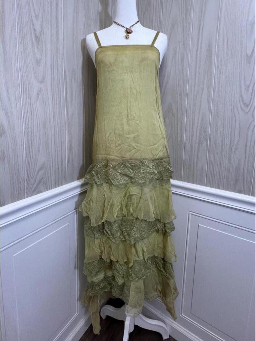 As-is antique 1920s light green ruffle silk dress.